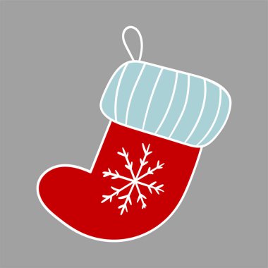 Noel, kış ikonu. Çorap. Gri bir arkaplanda el çizimi renk çizimi. Beyaz taslak. Kartpostallar ve afişler için tasarım. Simge, rozet, işaret, etiket, iğne, logo