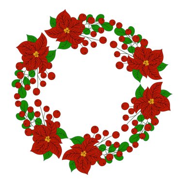 Noel çelengi, Noel süsleri. Holly ve Posentia 'nın yuvarlak çerçevesi. Yaratıcılığın için bir şablon. Tasarım