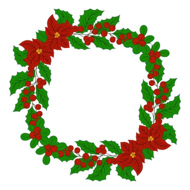 Noel çelengi, Noel süsleri. Holly ve Posentia 'nın yuvarlak çerçevesi. Yaratıcılığınız için şablon