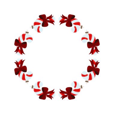 Noel ağacı süslemeleri. Şeker Çubuğu Noel ağacı süslerinden yapılmış yuvarlak çerçeve. Yaratıcılığın için bir şablon. Kartpostallar, el ilanları ve afişler için tasarım