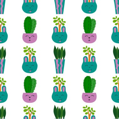 Kusursuz desen. Düz kaktüs bitkisi arka planı. Kaktüs kumaş deseni, yüzleri olan sevimli tencereler, parmak izleri için uygun.