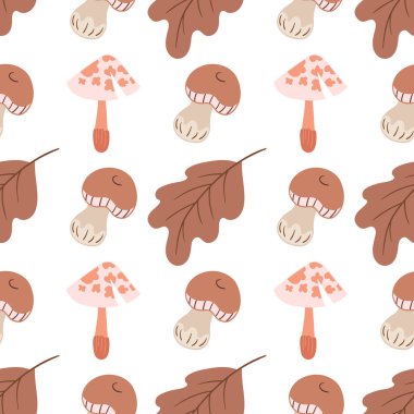 Çok renkli, dikişsiz sonbahar deseni. Yaratıcılığın için duvar kağıdı. Peri masalı yaprakları ve mantarlar