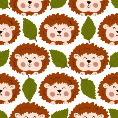 Böğürtlenli dikişsiz sonbahar deseni. Sonbahar yaprakları ve şirin kirpiler. Desen