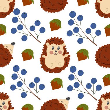 Böğürtlenli dikişsiz sonbahar deseni. Sonbahar yaprakları ve şirin kirpiler. Çocuk odası tasarımı için desen