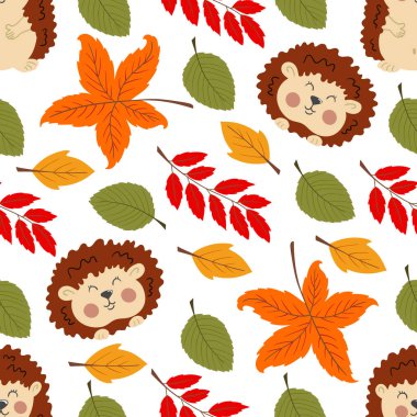 Böğürtlenli dikişsiz sonbahar deseni. Sonbahar yaprakları ve şirin kirpiler. Çocuk odası tasarımı, duvar kağıdı deseni