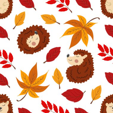 Böğürtlenli dikişsiz sonbahar deseni. Sonbahar yaprakları ve şirin kirpiler. Çocuk odası tasarımı, duvar kağıdı, tekstil deseni