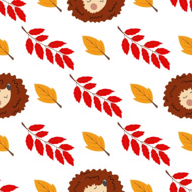 Böğürtlenli dikişsiz sonbahar deseni. Sonbahar yaprakları ve şirin kirpiler. Çocuk odası tasarımı, duvar kağıdı, tekstil, giysi deseni