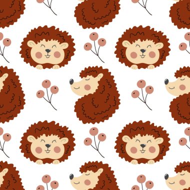 Böğürtlenli dikişsiz sonbahar deseni. Sonbahar yaprakları ve şirin kirpiler. Çocuk odası tasarımı, duvar kağıdı, tekstil, giysi, arkaplan