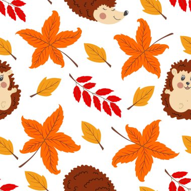 Böğürtlenli dikişsiz sonbahar deseni. Sonbahar yaprakları ve şirin kirpiler. Çocuk odası tasarımı, duvar kağıdı, tekstil, giysi, arka plan, kartlar için desen