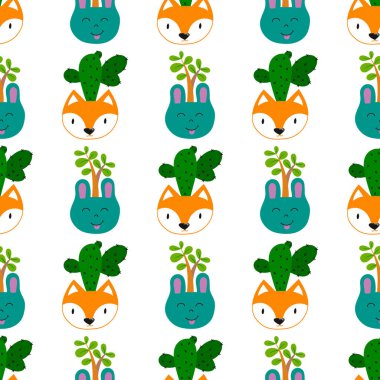 Düz kaktüs bitkisi arka planı. Kusursuz desen. Kaktüs kumaş desenleri, hayvan yüzlü şirin tencereler, çeşitli izler, eşarplar, giysiler için uygun.