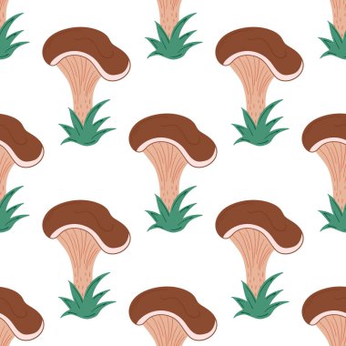 Mantarlı, dikişsiz bir sonbahar deseni. Peri masalı mantarları. Çocuk odası tasarımı, duvar kağıdı, tekstil, giysi deseni