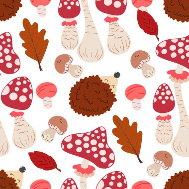 Mantarlı, dikişsiz bir sonbahar deseni. Peri masalı mantarları ve kirpiler. Bu kalıp mutfak tasarımı, menüler, duvar kağıdı, tekstil, kıyafet, arka plan ve kartlar için mükemmeldir.