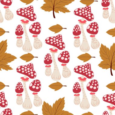 Mantarlı, dikişsiz bir sonbahar deseni. Peri masalı mantarları ve sinek mantarları. Bu kalıp mutfak tasarımı ve menüler için mükemmel.