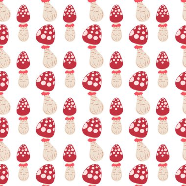 Mantarlı, dikişsiz bir sonbahar deseni. Peri masalı mantarları ve sinek mantarları. Bu kalıp mutfak tasarımı, menüler, duvar kâğıdı ve tekstil için mükemmel.