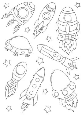 Roketleri, UFO 'ları ve yıldızları olan tek renkli uzay çizimleri. Alevli uzay gemileri. Çocuk tasarımları, boyama sayfaları, posterler, çıkartmalar ve grafikler için mükemmel.