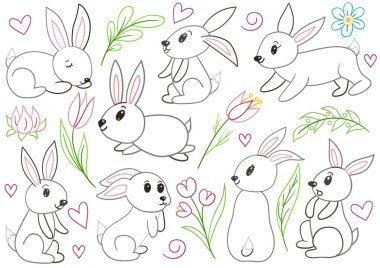 Renkli çizgili vektör kümesi. Bahar çizimi. Çocuk tasarımları, boyama sayfaları, posterler, çıkartmalar için mükemmel.