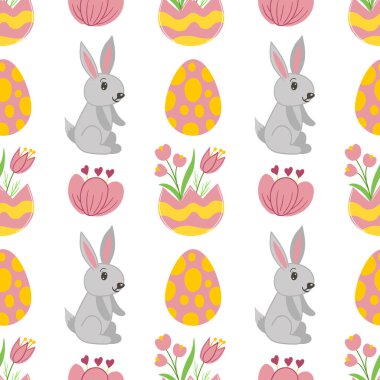 Süslü yumurtalar, tavşanlar, tavşan kulakları ve çiçeklerle kusursuz Paskalya deseni. Gösterişli dekorasyon ve ambalaj için vektör illüstrasyonu mükemmel