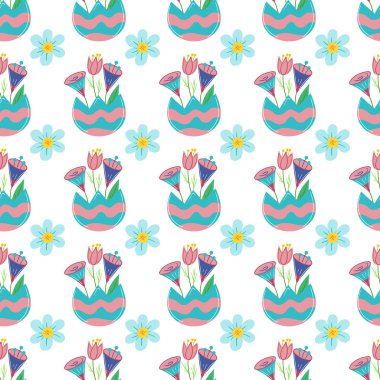 Süslü yumurta kabukları ve çiçeklerle kusursuz Paskalya deseni. Bahar vektör illüstrasyonu duvar kağıdı için mükemmel