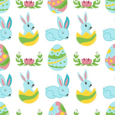 Süslü yumurtalar, tavşanlar, tavşan kulakları ve çiçeklerle kusursuz Paskalya deseni. Vektör illüstrasyonu paketleme için mükemmel