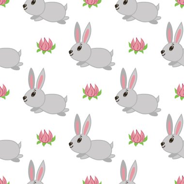 Güzel tavşanları olan kusursuz bir Paskalya deseni. Sezonluk tasarımlar, duvar kağıtları, şenlikli dekorasyonlar, ambalaj kağıtları için mükemmel bir vektör illüstrasyonu