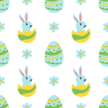 Süslü yumurtalar, tavşanlar, tavşan kulakları ve çiçeklerle kusursuz Paskalya deseni. Paketleme için vektör illüstrasyonu