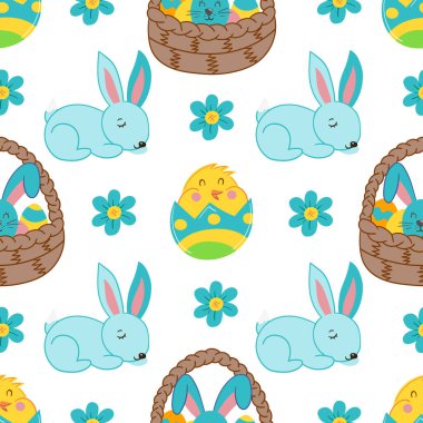 Tatlı tavşancıkları, süslü yumurtaları, sepetleri ve çiçekleri olan kusursuz bir Paskalya deseni. Kağıt, tekstil ve duvar kâğıdı için vektör illüstrasyonu mükemmel