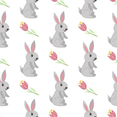 Güzel tavşanları olan kusursuz bir Paskalya deseni. Sezonluk tasarımlar, duvar kağıtları, dekorasyonlar için vektör illüstrasyonu mükemmel