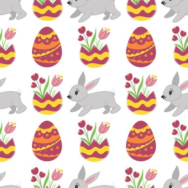 Süslü yumurtalar, tavşanlar, tavşan kulakları ve çiçeklerle kusursuz Paskalya deseni. Dekorasyonlar için vektör illüstrasyonu