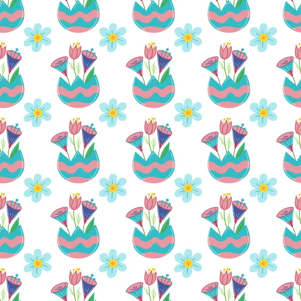 Süslü yumurta kabukları ve çiçeklerle kusursuz Paskalya deseni. Bahar vektör illüstrasyonu duvar kağıdı için mükemmel