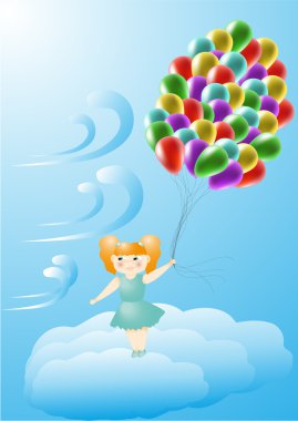 kız üzerinde balon gökyüzünde uçan bir bulutun üzerinde