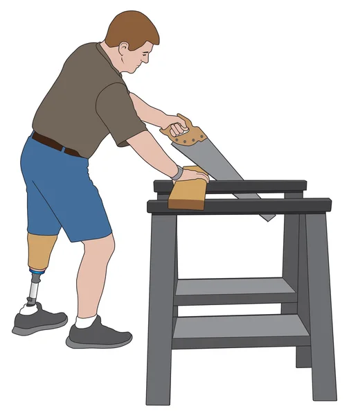 Amputee Sawing Wood on sawhorses — Stock Vector