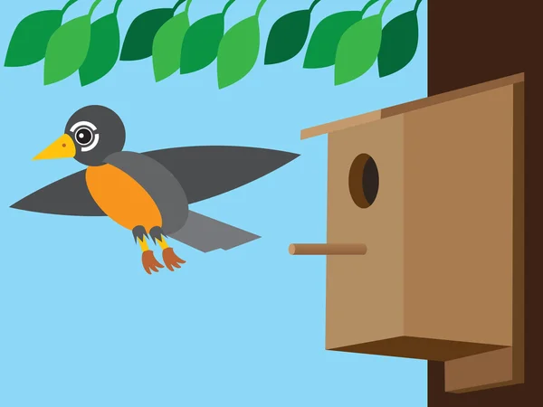Robin che lascia Birdhouse — Vettoriale Stock