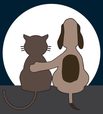 Bir kedi ve bir köpek mehtaplı bir akşamın tadını çıkarıyorlar.