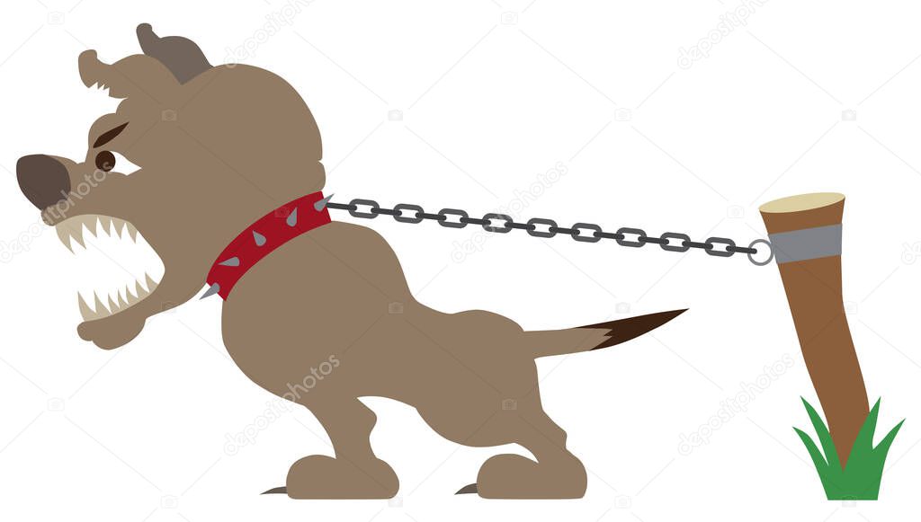 A vicious guard dog is straining at his chain and barking