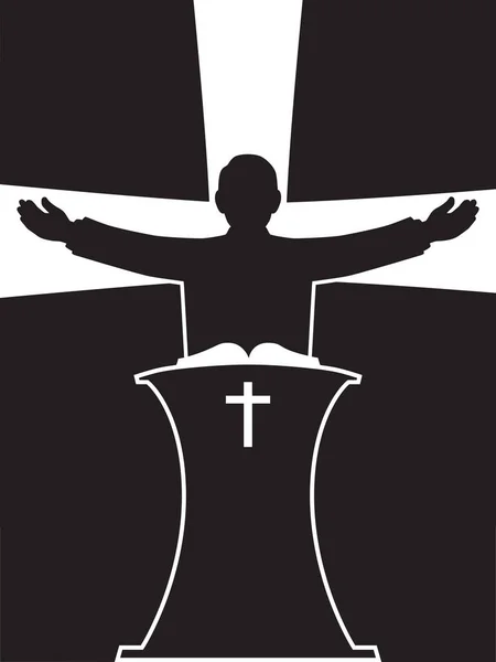 Ένας Ιεροκήρυκας Σιλουέτα Στέκεται Στον Άμβωνα Του Χέρια Απλωμένα — Διανυσματικό Αρχείο