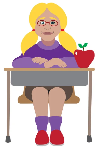 Una Estudiante Sonriente Está Sentada Escritorio Con Una Manzana Para — Vector de stock