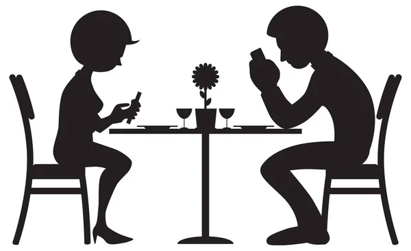 Young Couple Silhouette Sitting Cafe Table Staring Mobile Devices — Stock Vector