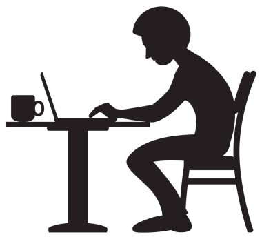Genç bir adam kahve içiyor ve bilgisayarını silüet olarak kullanıyor.