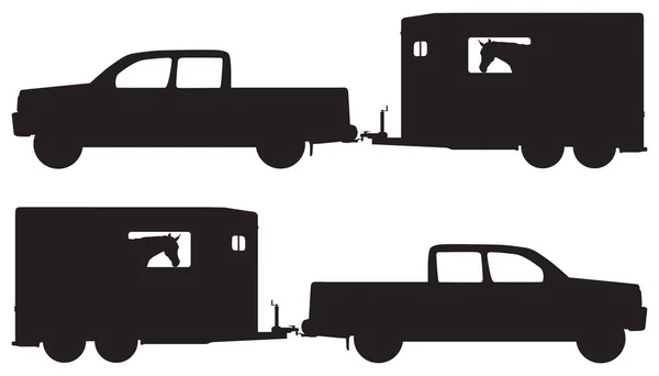Pickup Attached Loaded Horse Trailer Silhouette — Stock Vector