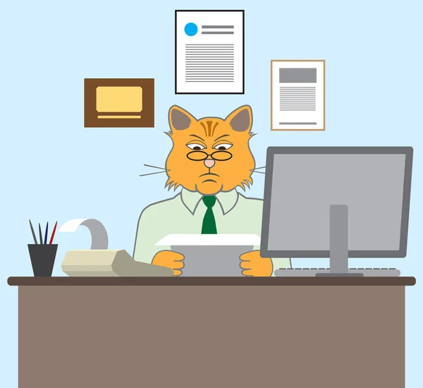 Een Serieuze Cartoon Kat Accountant Zit Aan Zijn Bureau Krakende — Stockvector