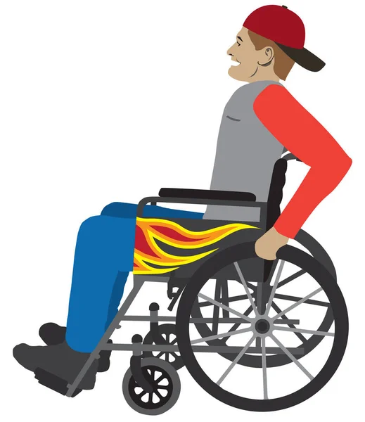 Młody Mężczyzna Jedzie Wózku Inwalidzkim Płomieniami Boku — Wektor stockowy