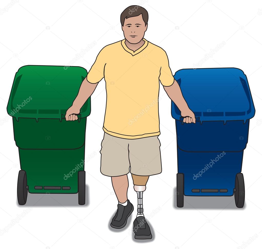 Amputee with trash cans