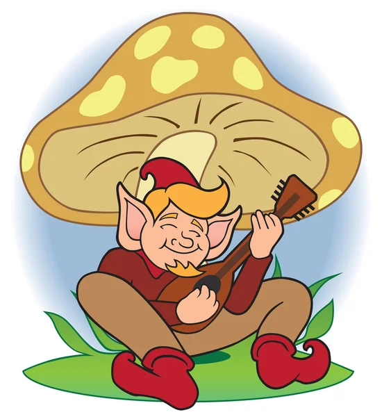 Gnome musicien sous champignon — Image vectorielle