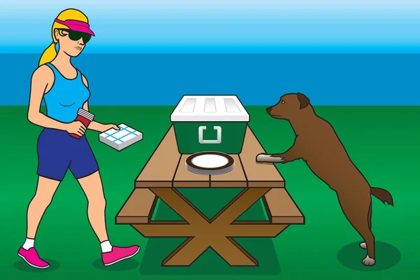 Mujer y perro en el picnic — Vector de stock