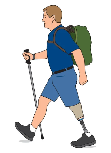 Amputee Hiker with walking stick — Stock Vector