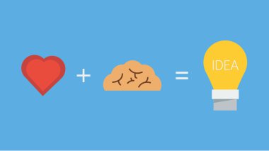 Harika fikir, kalp beyin ve ışık, vektör simgesi.