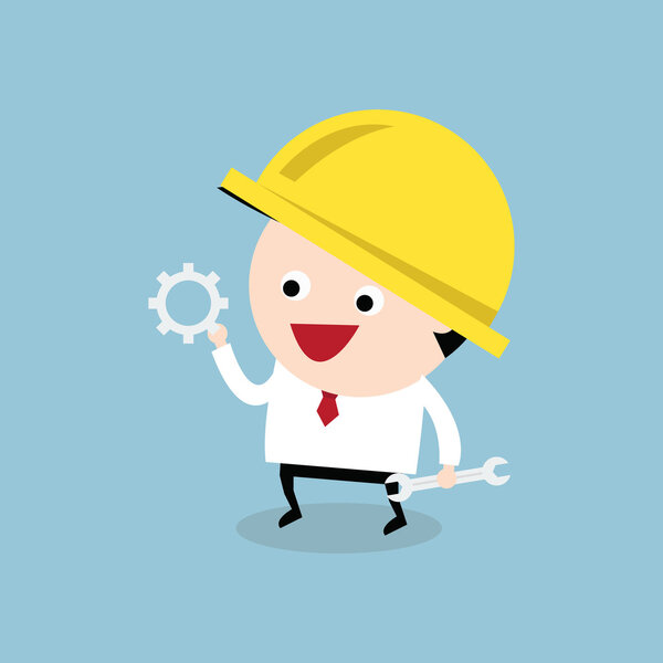 Работник с шестернями и гаечным ключом. Концепция, вектор
