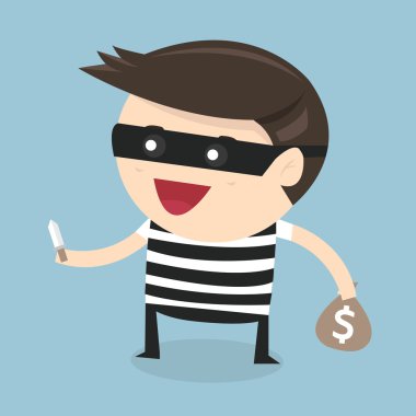 Bıçak elinde tutan ve bir para çantası taşıyan hırsız çizgi film