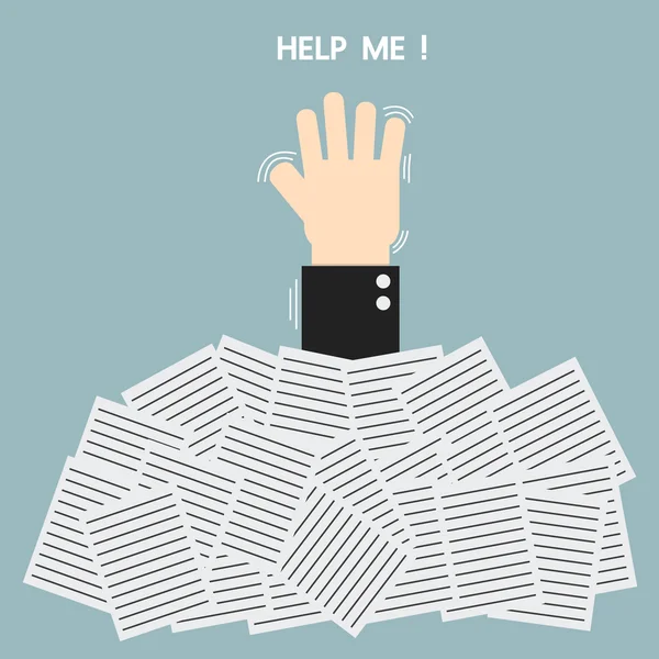 Homme d'affaires besoin d'aide sous beaucoup de papier blanc, design plat — Image vectorielle