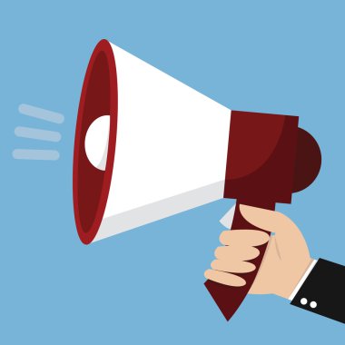 Megafon hoparlör simgesi tutan el. düz tasarım, vektör hasta